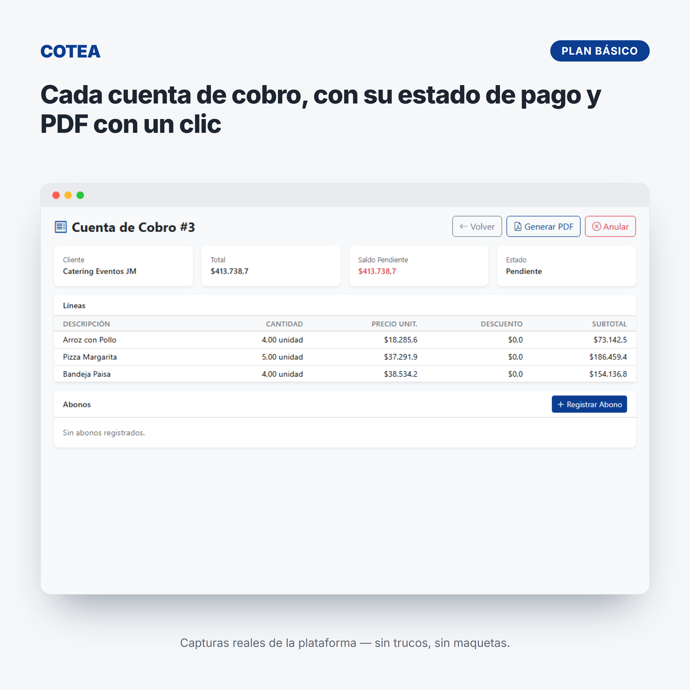 Cada cuenta de cobro con su estado de pago y botón para generar el PDF en un clic, en COTEA