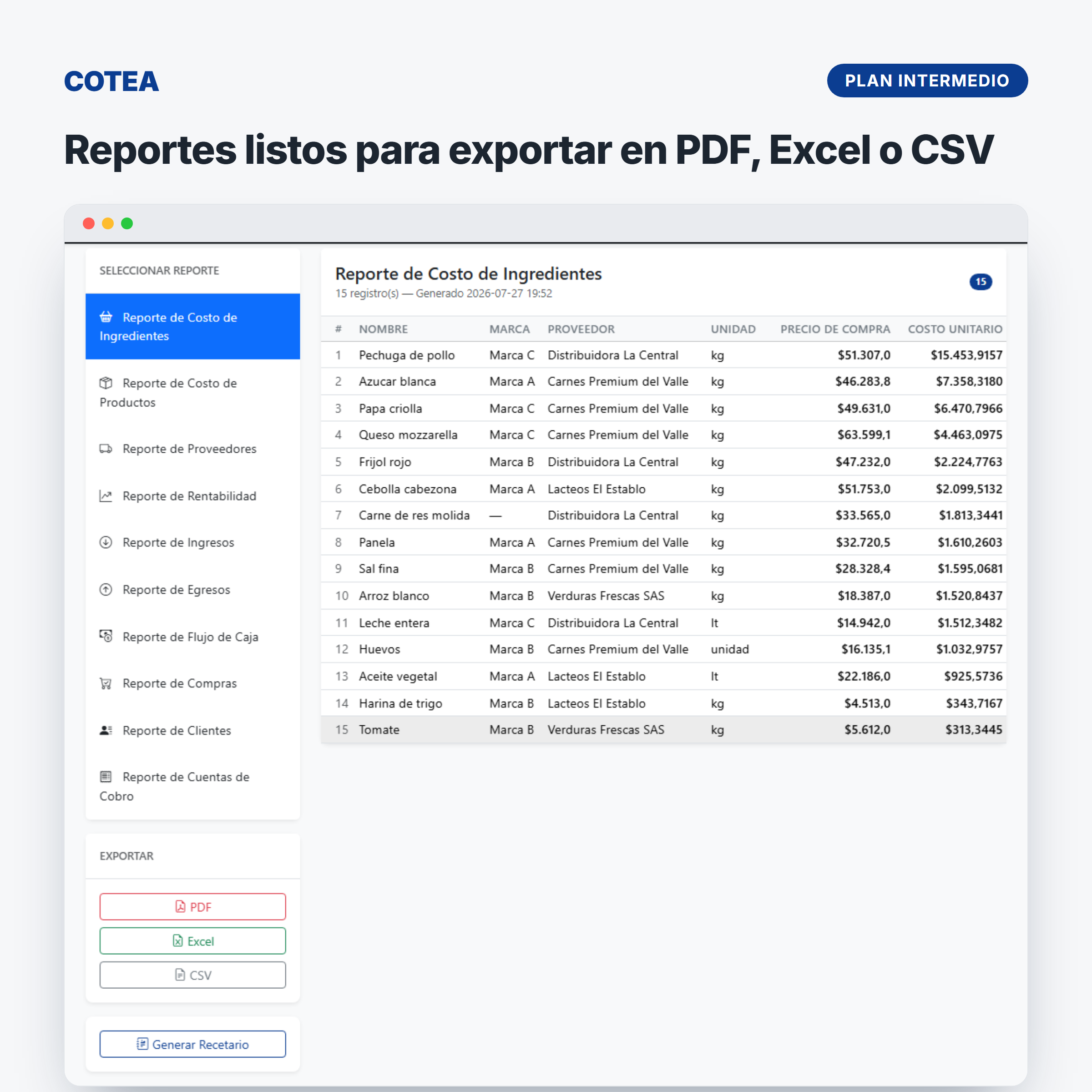Reportes de costos exportables en COTEA